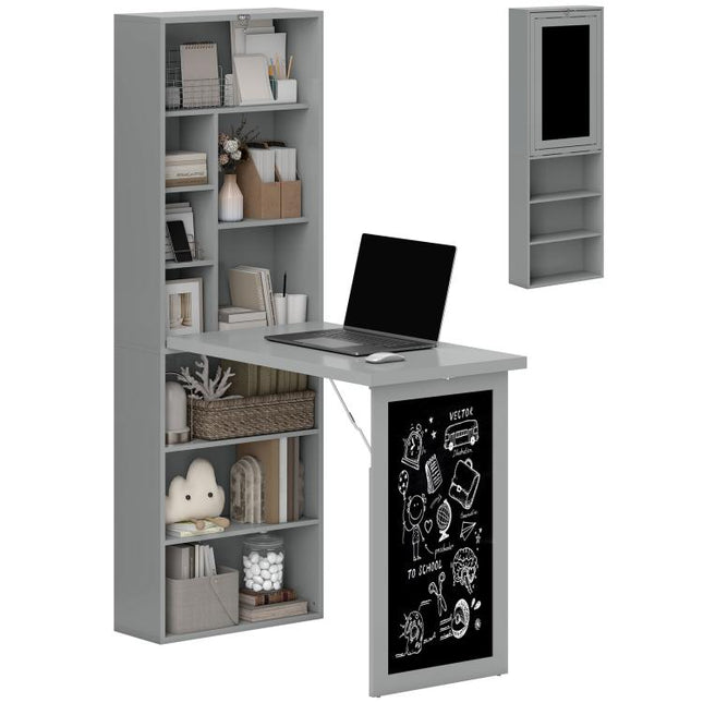 Folding Convertible Desk with Blackboard Multi-function Computer Office Workstation Side Shelf for Home Office, Grey