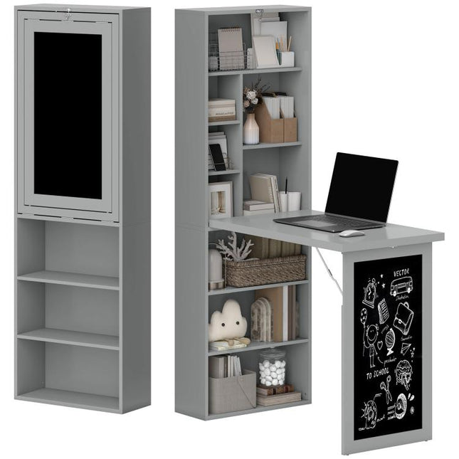 Folding Convertible Desk with Blackboard Multi-function Computer Office Workstation Side Shelf for Home Office, Grey