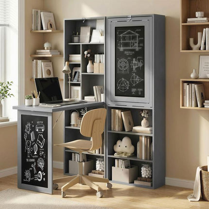 Folding Convertible Desk with Blackboard Multi-function Computer Office Workstation Side Shelf for Home Office, Grey