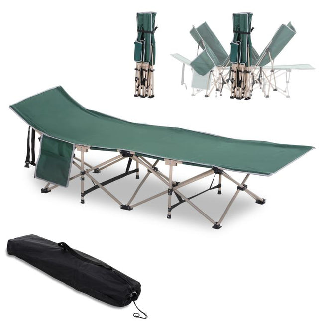 Single Person Camping Bed Folding Cot Outdoor Patio Portable Military Sleeping Bed Travel Guest Leisure Fishing with Side Pocket and Carry Bag - Green