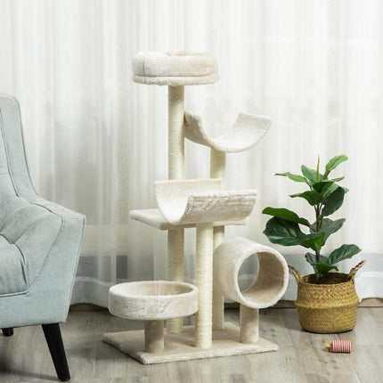 Cat Tree for Indoor Cats Kitten Pet Scratching Post Perch Activity Center Scratcher Climb Post Play House Arch with Tunnel 105cm Tall Beige