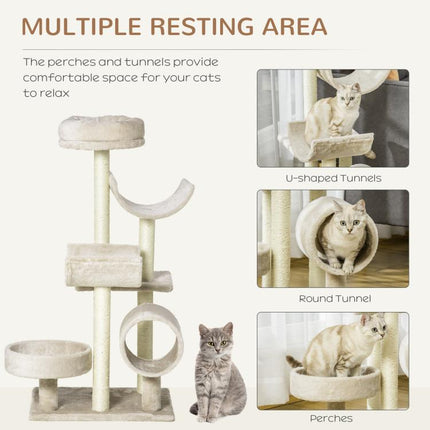 Cat Tree for Indoor Cats Kitten Pet Scratching Post Perch Activity Center Scratcher Climb Post Play House Arch with Tunnel 105cm Tall Beige