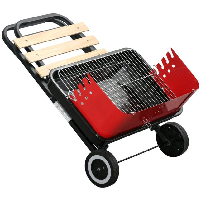 Charcoal Trolley BBQ Barbecue Grill Patio Camping Picnic Garden Party Outdoor Cooking with Windshield and Wheels Side Trays, Black/Red