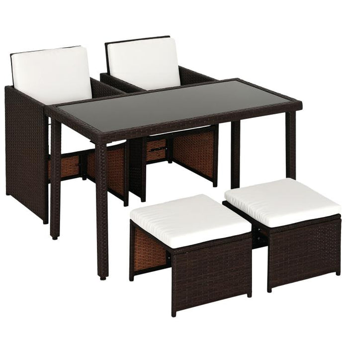 2 Seater Rattan Cube Garden Furniture Set, Rattan Dining Set with Cushions, Outdoor Dining Table and Chairs with 2 Armchairs, 2 Stools, Rectangular Glass Top Table for Patio, Balcony, Brown