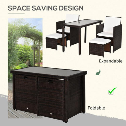 2 Seater Rattan Cube Garden Furniture Set, Rattan Dining Set with Cushions, Outdoor Dining Table and Chairs with 2 Armchairs, 2 Stools, Rectangular Glass Top Table for Patio, Balcony, Brown