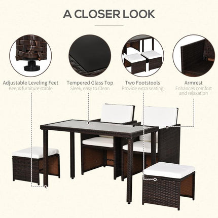 2 Seater Rattan Cube Garden Furniture Set, Rattan Dining Set with Cushions, Outdoor Dining Table and Chairs with 2 Armchairs, 2 Stools, Rectangular Glass Top Table for Patio, Balcony, Brown