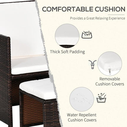 2 Seater Rattan Cube Garden Furniture Set, Rattan Dining Set with Cushions, Outdoor Dining Table and Chairs with 2 Armchairs, 2 Stools, Rectangular Glass Top Table for Patio, Balcony, Brown