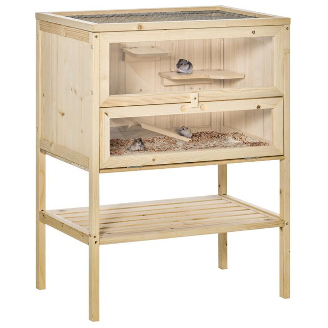 Wooden Hamster Cage with Storage Shelf, Small Animal Exercise Play House with Openable Top, Ramp for Gerbils, Drawf Hamsters, 60 x 40 x 80 cm - Natural