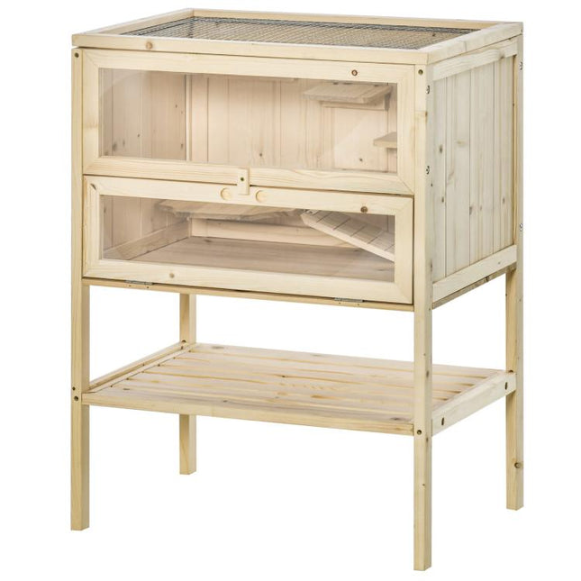 Wooden Hamster Cage with Storage Shelf, Small Animal Exercise Play House with Openable Top, Ramp for Gerbils, Drawf Hamsters, 60 x 40 x 80 cm - Natural