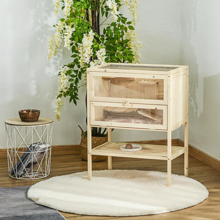 Wooden Hamster Cage with Storage Shelf, Small Animal Exercise Play House with Openable Top, Ramp for Gerbils, Drawf Hamsters, 60 x 40 x 80 cm - Natural