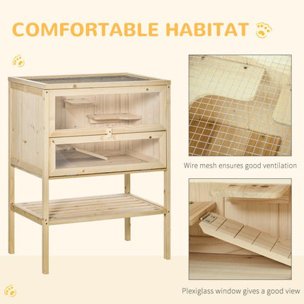 Wooden Hamster Cage with Storage Shelf, Small Animal Exercise Play House with Openable Top, Ramp for Gerbils, Drawf Hamsters, 60 x 40 x 80 cm - Natural