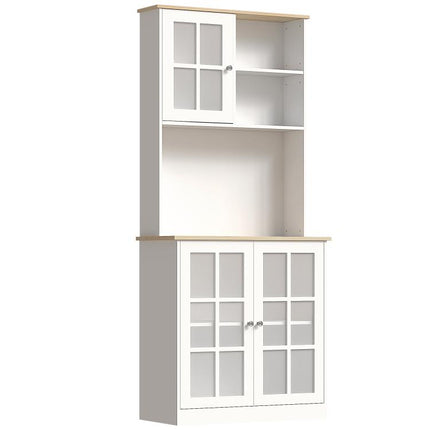 Freestanding Kitchen Cupboard, Storage Cabinet with Doors and Adjustable Shelves, Counter Top, Grid Glass Doors, 80L x 37W x 183H cm - White