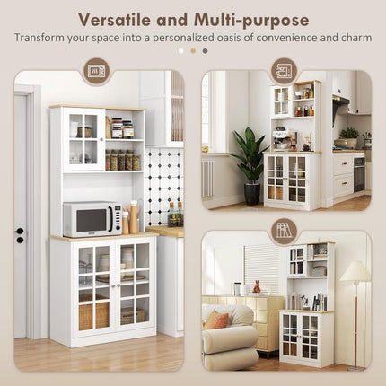Freestanding Kitchen Cupboard, Storage Cabinet with Doors and Adjustable Shelves, Counter Top, Grid Glass Doors, 80L x 37W x 183H cm - White