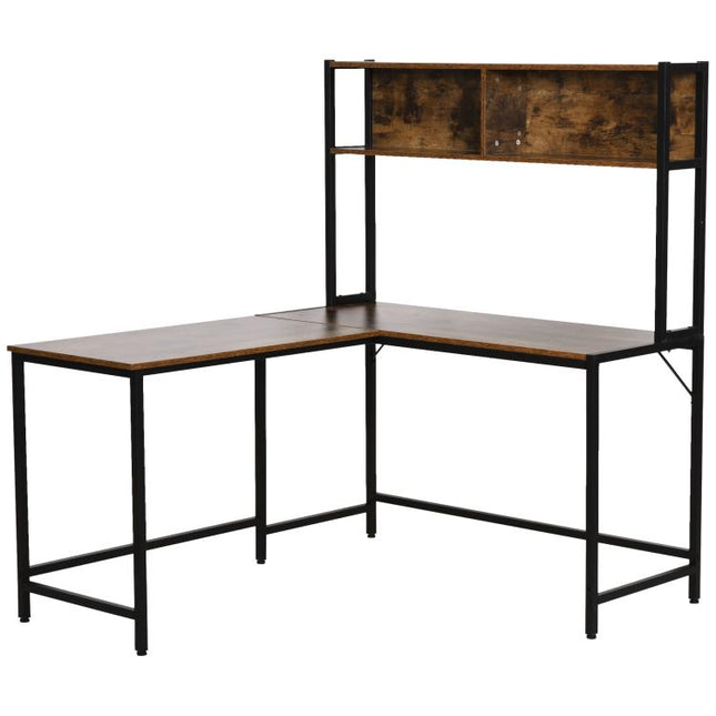 L Shaped Desk with Book Shelf, Industrial Corner Computer Desk, Writing Table with Steel Frame for Home Office, Bedroom, Study Room, 140 x 125cm, Brown