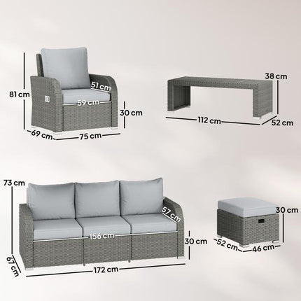 Six-piece Rattan Garden Furniture Set with Reclining Armchairs - Light Grey