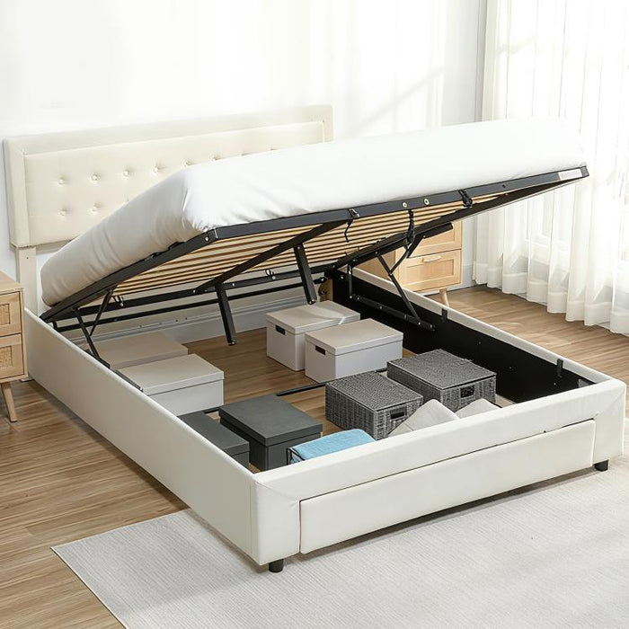 King Size Ottoman Bed Frame, with Front Drawer - Cream
