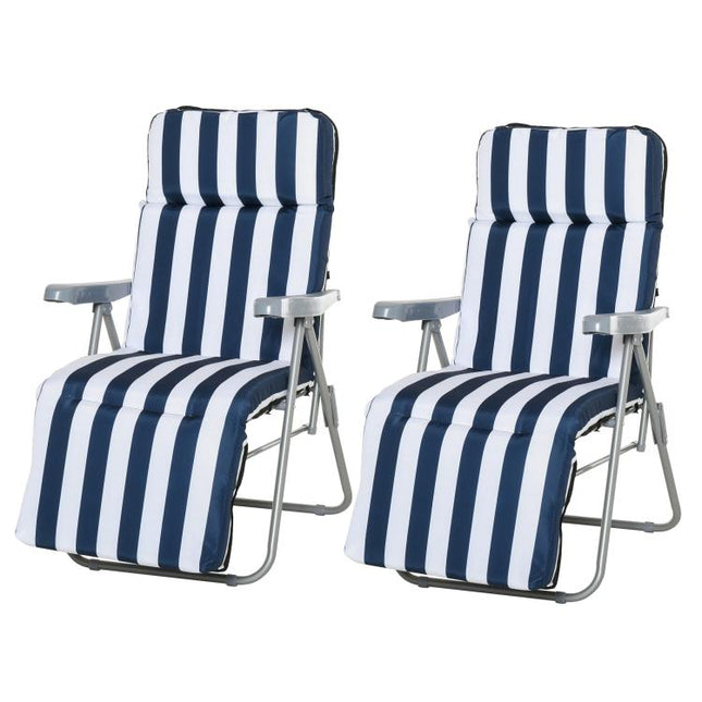2Pc Folding Sun Loungers Set-Blue/White
