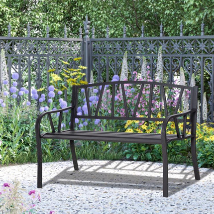 2-Seater Garden Bench Metal Loveseat w/ Decorative Backrest Ergonomic Armrest
