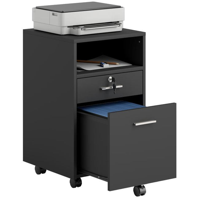 Lockable Two-Drawer Filing Cabinet, with Wheels - Black