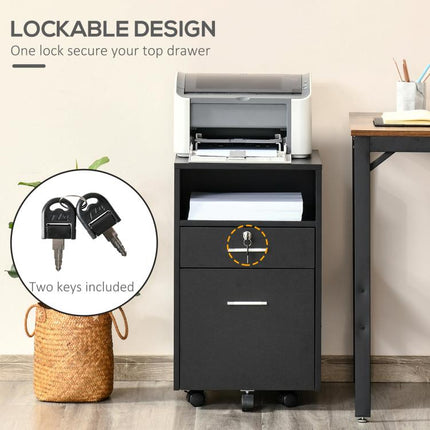Lockable Two-Drawer Filing Cabinet, with Wheels - Black