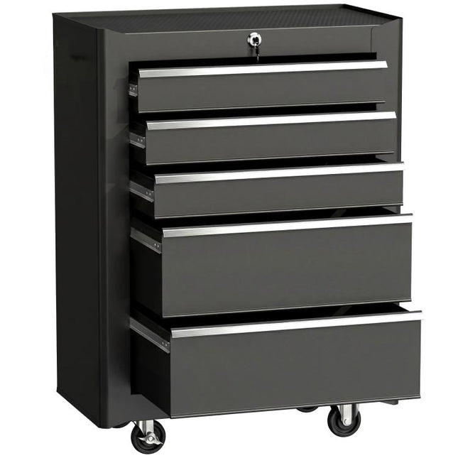 5-Drawer Tool Chest, Lockable Steel Tool Storage Cabinet with Wheels and Handle Tool Box for Garage, Workshop, Black