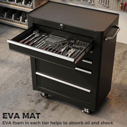 5-Drawer Tool Chest, Lockable Steel Tool Storage Cabinet with Wheels and Handle Tool Box for Garage, Workshop, Black