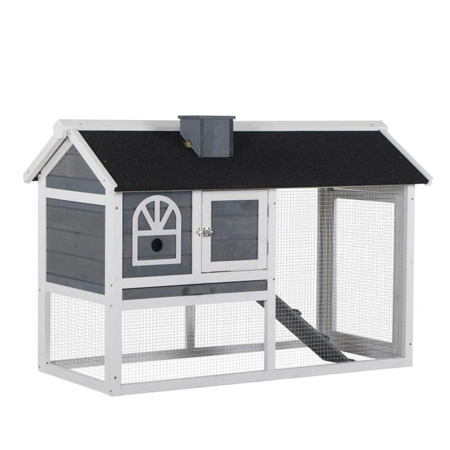 Wooden Rabbit Hutch and Run with Sliding Tray, Ramp, Water-resistant Roof, for 2-4 Rabbits, Grey