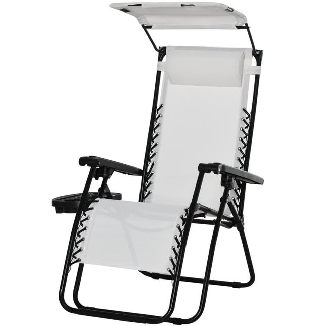 Zero Gravity Garden Folding Patio Sun Lounger w/Cup Holder & Canopy Shade White