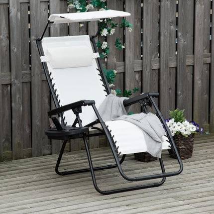 Zero Gravity Garden Folding Patio Sun Lounger w/Cup Holder & Canopy Shade White