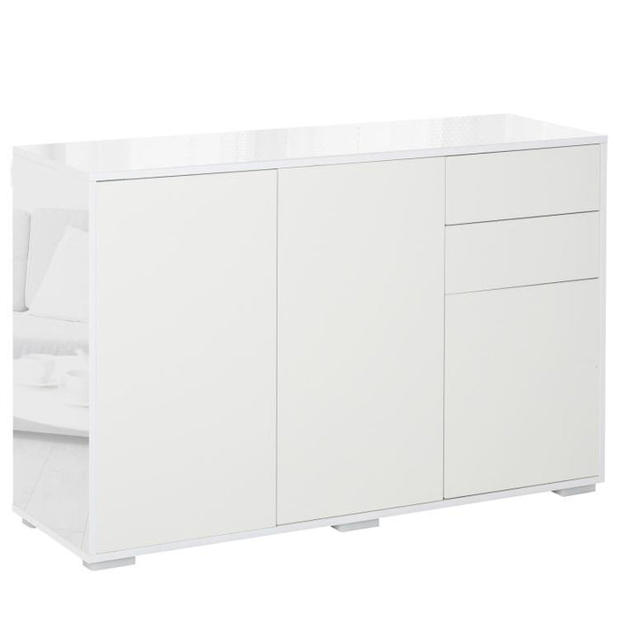 High Gloss Side Cabinet, Push-Open Design with 2 Drawers and 2 Cabinets for Living Room, 74H x 117W x 36Dcm, White