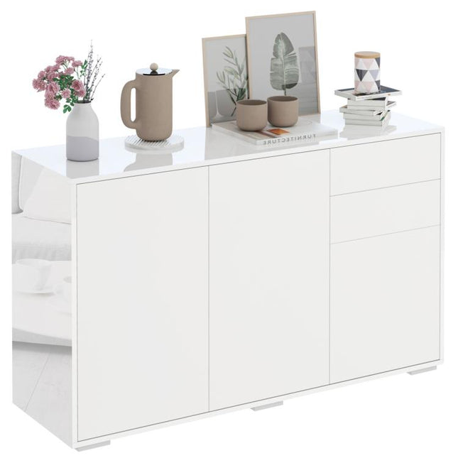 High Gloss Side Cabinet, Push-Open Design with 2 Drawers and 2 Cabinets for Living Room, 74H x 117W x 36Dcm, White