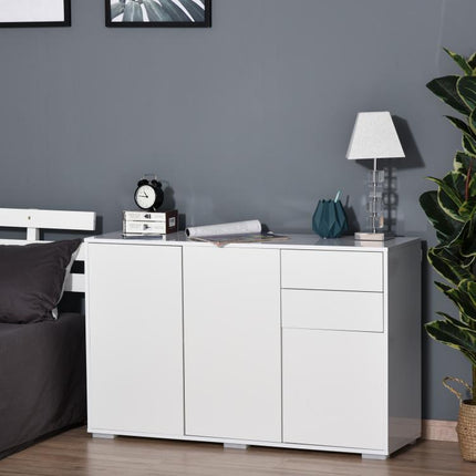 High Gloss Side Cabinet, Push-Open Design with 2 Drawers and 2 Cabinets for Living Room, 74H x 117W x 36Dcm, White
