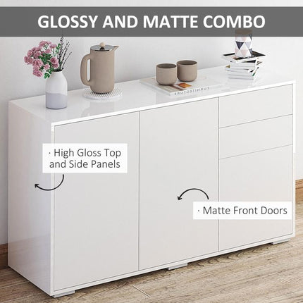 High Gloss Side Cabinet, Push-Open Design with 2 Drawers and 2 Cabinets for Living Room, 74H x 117W x 36Dcm, White