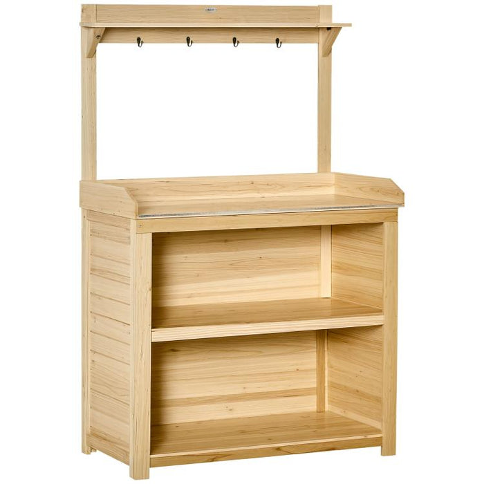 Garden Potting Bench Table, Wooden Workstation Bench w/ Galvanized Metal Tabletop, Storage Shelves and Hooks, Natural