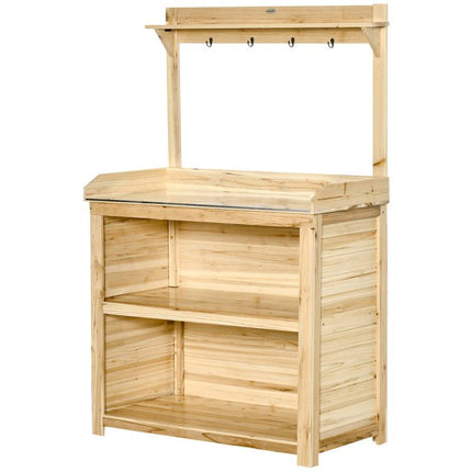 Garden Potting Bench Table, Wooden Workstation Bench w/ Galvanized Metal Tabletop, Storage Shelves and Hooks, Natural