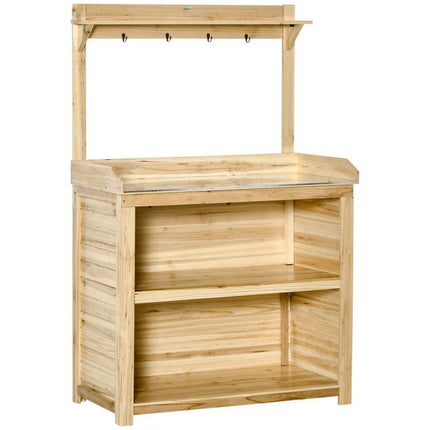 Garden Potting Bench Table, Wooden Workstation Bench w/ Galvanized Metal Tabletop, Storage Shelves and Hooks, Natural