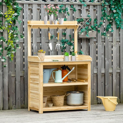 Garden Potting Bench Table, Wooden Workstation Bench w/ Galvanized Metal Tabletop, Storage Shelves and Hooks, Natural