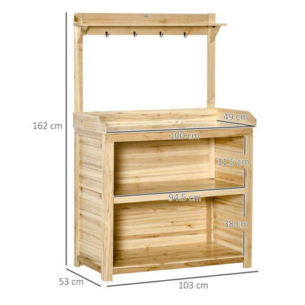 Garden Potting Bench Table, Wooden Workstation Bench w/ Galvanized Metal Tabletop, Storage Shelves and Hooks, Natural