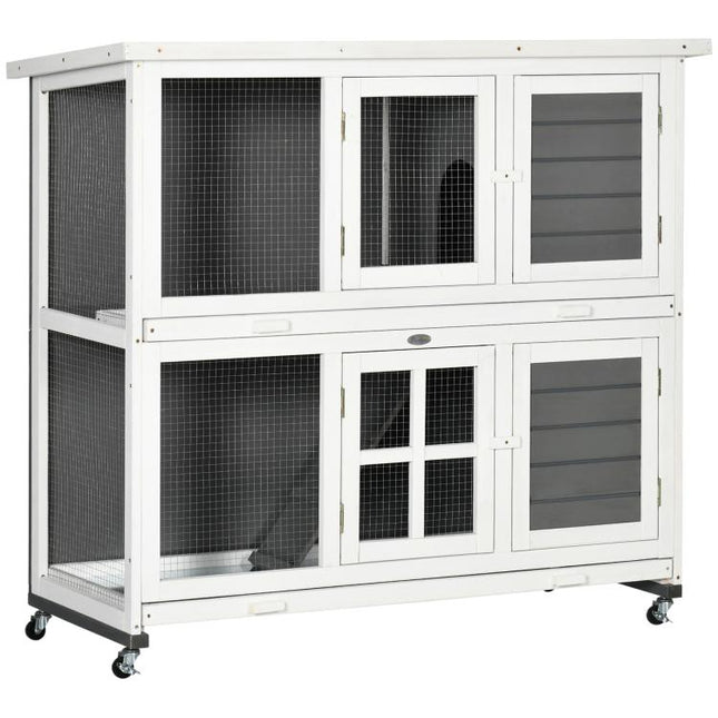 Wooden Rabbit Hutch, Two-Tier Guinea Pig Cage, with Removable Tray, Wheels
