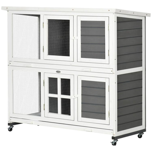 Wooden Rabbit Hutch, Two-Tier Guinea Pig Cage, with Removable Tray, Wheels