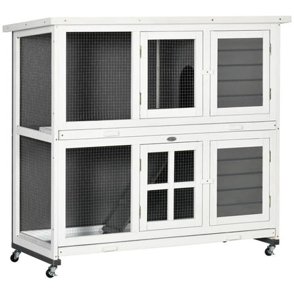 Wooden Rabbit Hutch, Two-Tier Guinea Pig Cage, with Removable Tray, Wheels