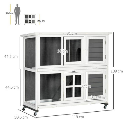 Wooden Rabbit Hutch, Two-Tier Guinea Pig Cage, with Removable Tray, Wheels