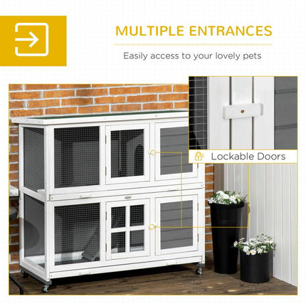 Wooden Rabbit Hutch, Two-Tier Guinea Pig Cage, with Removable Tray, Wheels