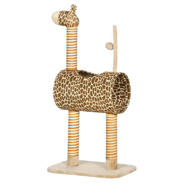 Giraffe-Designed Cat Tree, with Scratching Posts, Cat Tunnel, Toy Ball - Beige