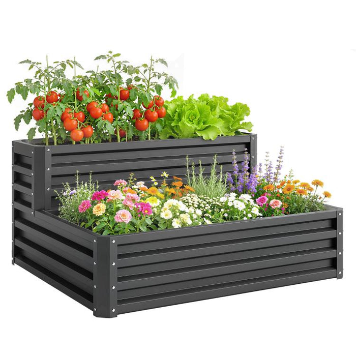 2 Tier Raised Garden Bed, Galvanised Planter Box with Open Bottom for Vegetables Flowers Herbs, 120x101x58cm, Dark Grey