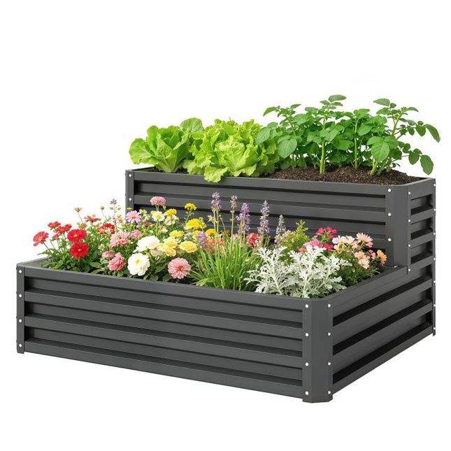 2 Tier Raised Garden Bed, Galvanised Planter Box with Open Bottom for Vegetables Flowers Herbs, 120x101x58cm, Dark Grey