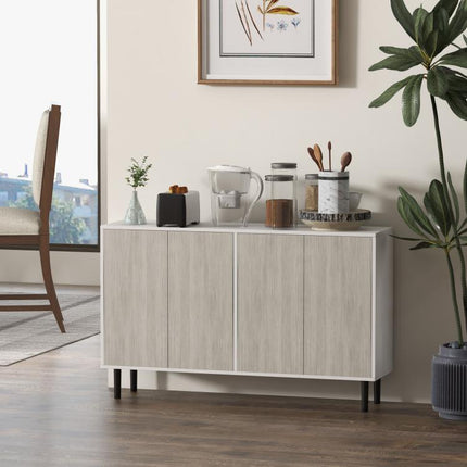 Kitchen Sideboard Storage Cabinet for Living Room with Adjustable Shelves 4 Doors and Pine Wood Legs White