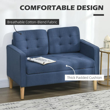 Modern Loveseat Sofa, Compact 2 Seater Sofa with Hidden Storage, 117cm Tufted Cotton Couch with Wood Legs, Blue