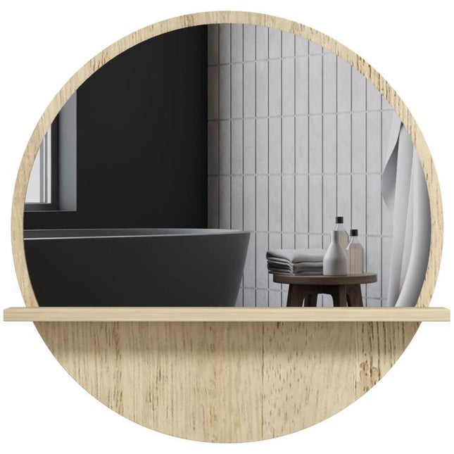 45cm Round Home Mirror, with Shelf - Natural Wood Effect