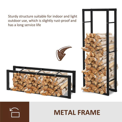 Metal Firewood Log Holder Tall Firewood Rack Indoor Outdoor Fireplace Wood Storage Shelf, Black, 60Wx25Dx150Hcm